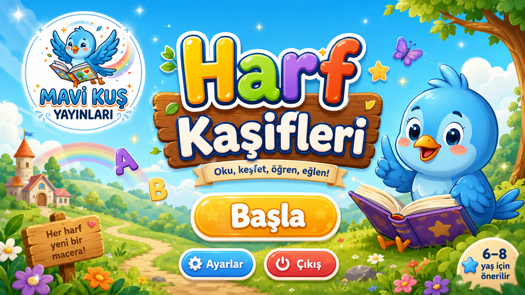 Mavi Kuş Yayınları Harf Kaşifleri açılış ekranı